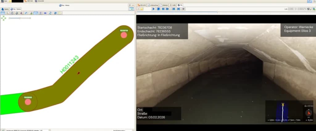 Auswertungssoftware mit Trassenplan der Haltung links und dem synchron laufenden Inspektionsvideo rechts