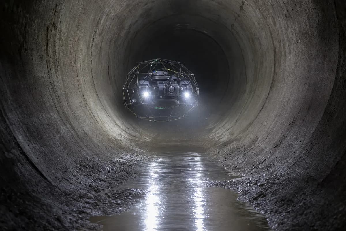 Inspektionsdrohne mit Schutzkäfig und LED-Scheinwerfern im Flug durch einen Betonkanal