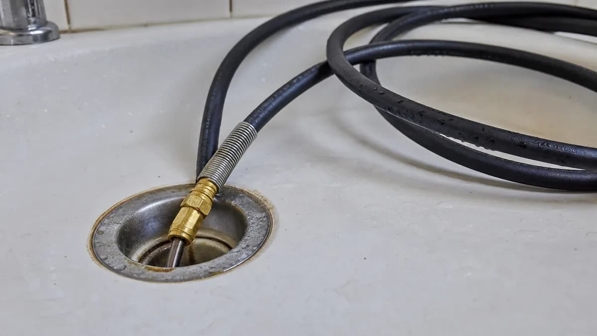 Rohrspüldüse wird in einen Küchenabfluss eingeführt, Wasserdruck löst Fettablagerungen im Abflussrohr