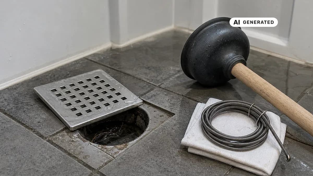 KI-generiertes Bild: Ebenerdige Dusche mit flachem Einbauabfluss und Gitterrost, daneben Reinigungswerkzeuge wie Pömpel und Rohrspirale auf Fliesenboden