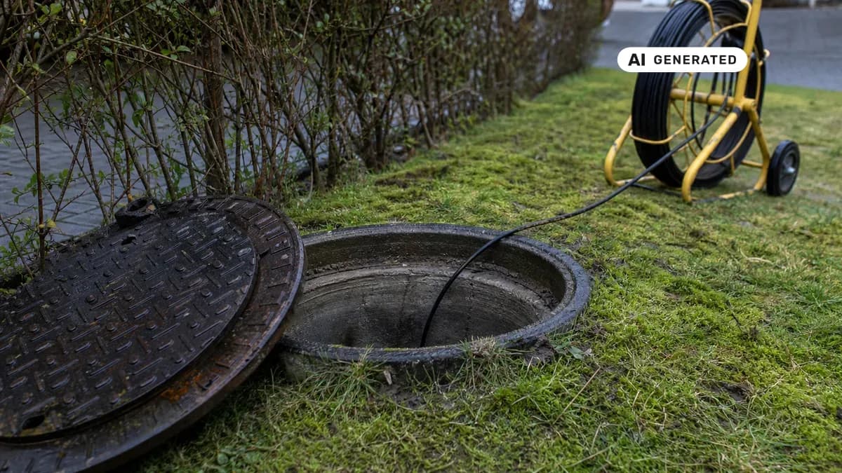 KI-generiertes Bild: Offener Revisionsschacht aus Beton im Vorgarten eines Wohnhauses dicht an der Grundstücksgrenze zum Gehweg, ein Handwerker lässt eine Kanalkamera in die Abwasserleitung hinab