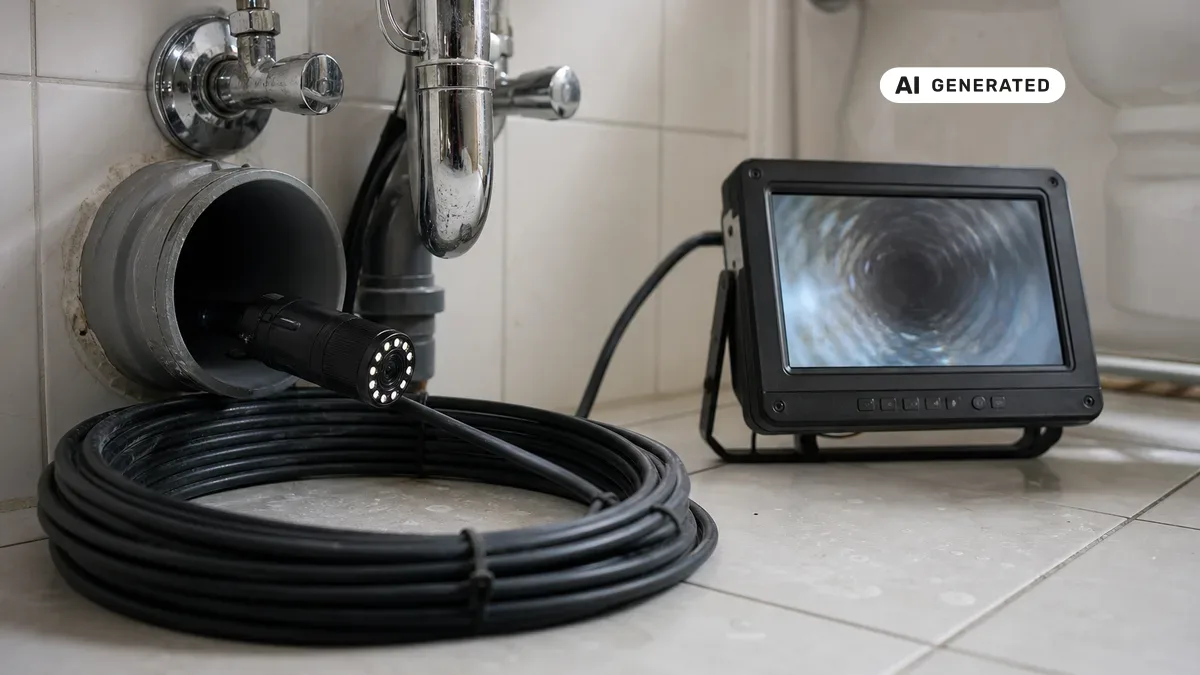 KI-generiertes Bild: Techniker schiebt eine Rohrkamera in eine Abwasserleitung und verfolgt das Livebild auf einem Monitor