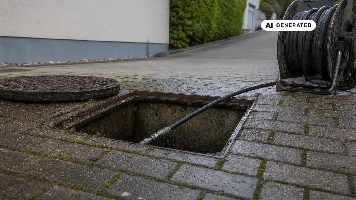 KI-generiertes Bild: Fachkraft schiebt einen Hochdruck-Spülschlauch mit Düse in einen offenen Revisionsschacht vor einem Wohngebäude am Hang