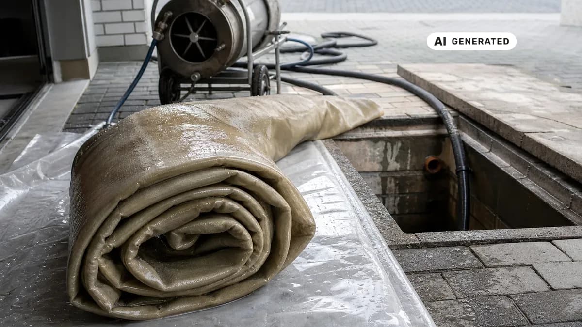 KI-generiertes Bild: Fachkraft bereitet an einem Revisionsschacht einen harzgetränkten Schlauchliner für die grabenlose Kanalsanierung vor