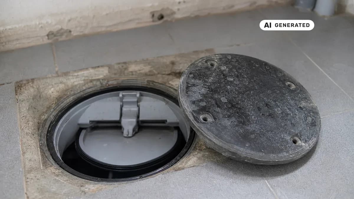 KI-generiertes Bild: In einen Kellerboden eingelassene Rückstauklappe mit geöffnetem Revisionsdeckel, ein Handwerker kontrolliert die Dichtkante