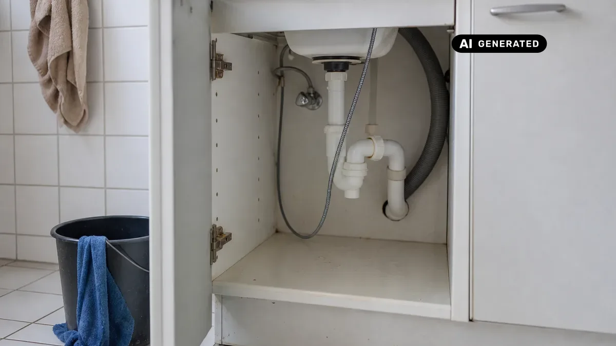 KI-generiertes Bild: Person reinigt einen verstopften Siphon unter dem Küchenspülbecken mit einer Reinigungsspirale ohne Demontage