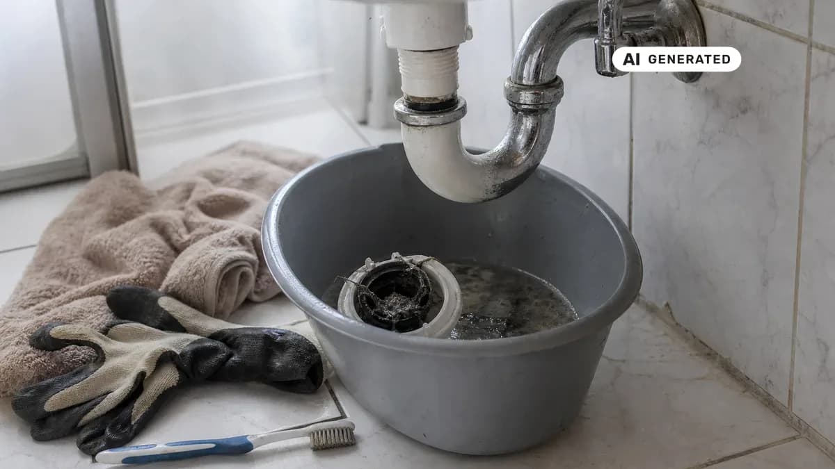 KI-generiertes Bild: Hände mit Arbeitshandschuhen lösen unter einem Waschbecken einen Kunststoff-Siphon, ein Eimer darunter fängt das Wasser auf