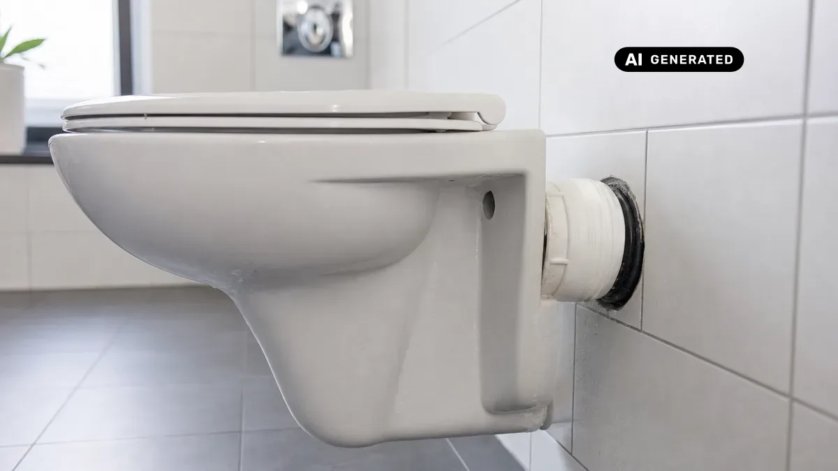 KI-generiertes Bild: Moderne Toilette in einem hellen Badezimmer, im Vordergrund ein sichtbarer WC-Anschluss mit Dichtung am Abwasserrohr