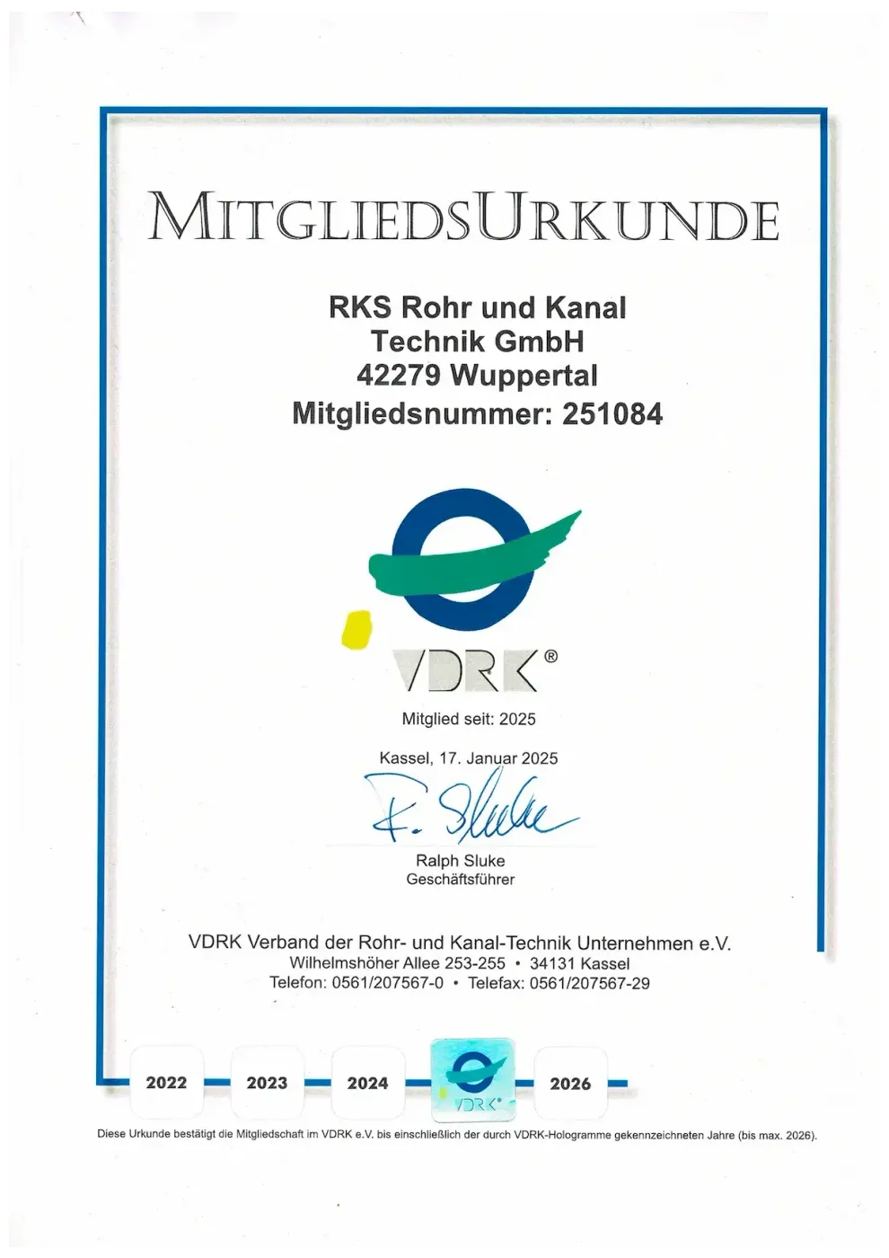 Zertifikat der RKS Rohr und Kanal Technik GmbH (01)