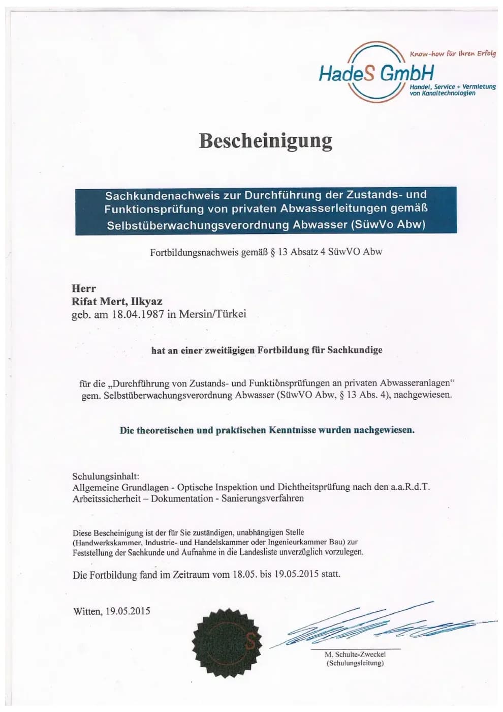 Zertifikat der RKS Rohr und Kanal Technik GmbH (02)