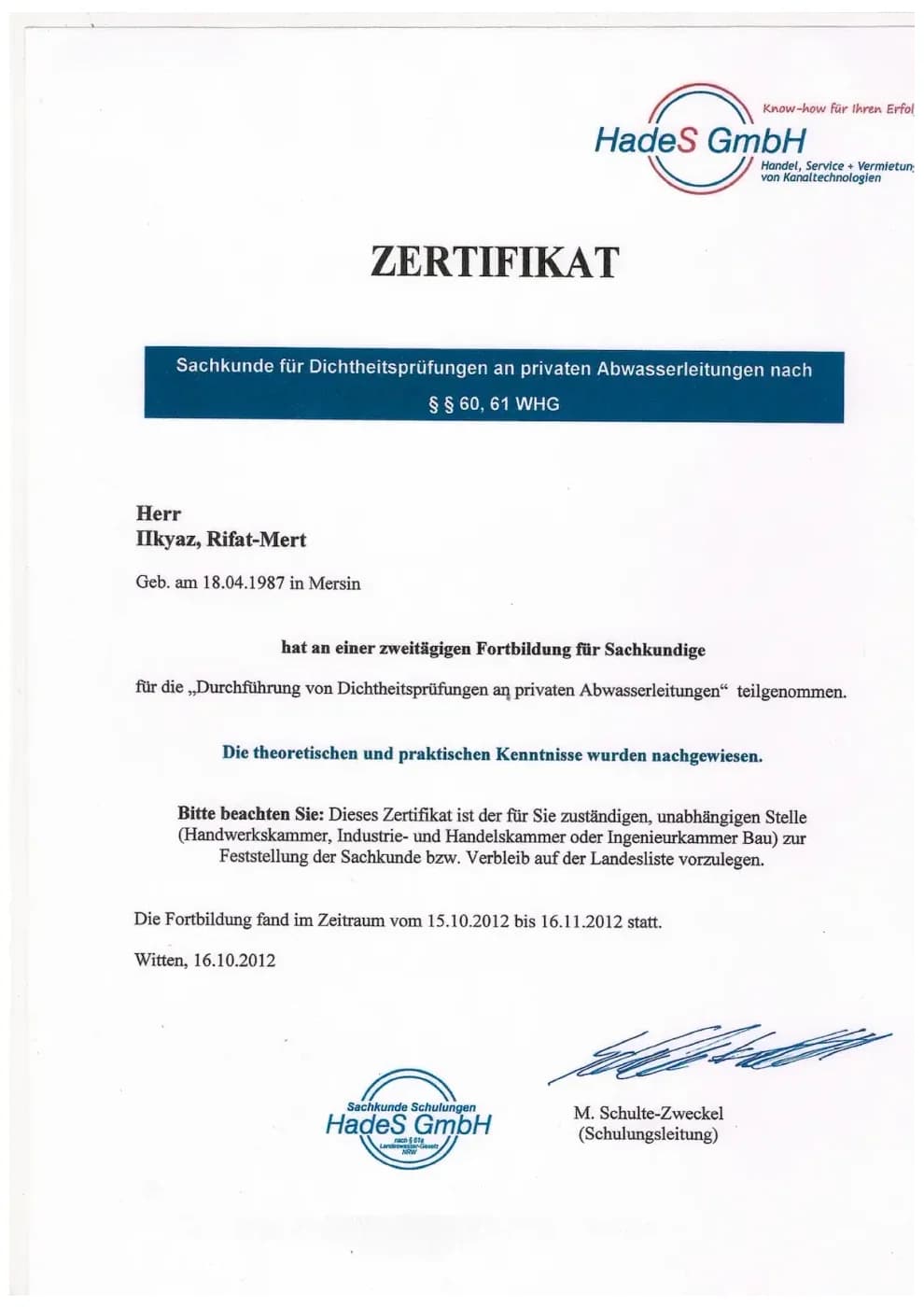 Zertifikat der RKS Rohr und Kanal Technik GmbH (03)