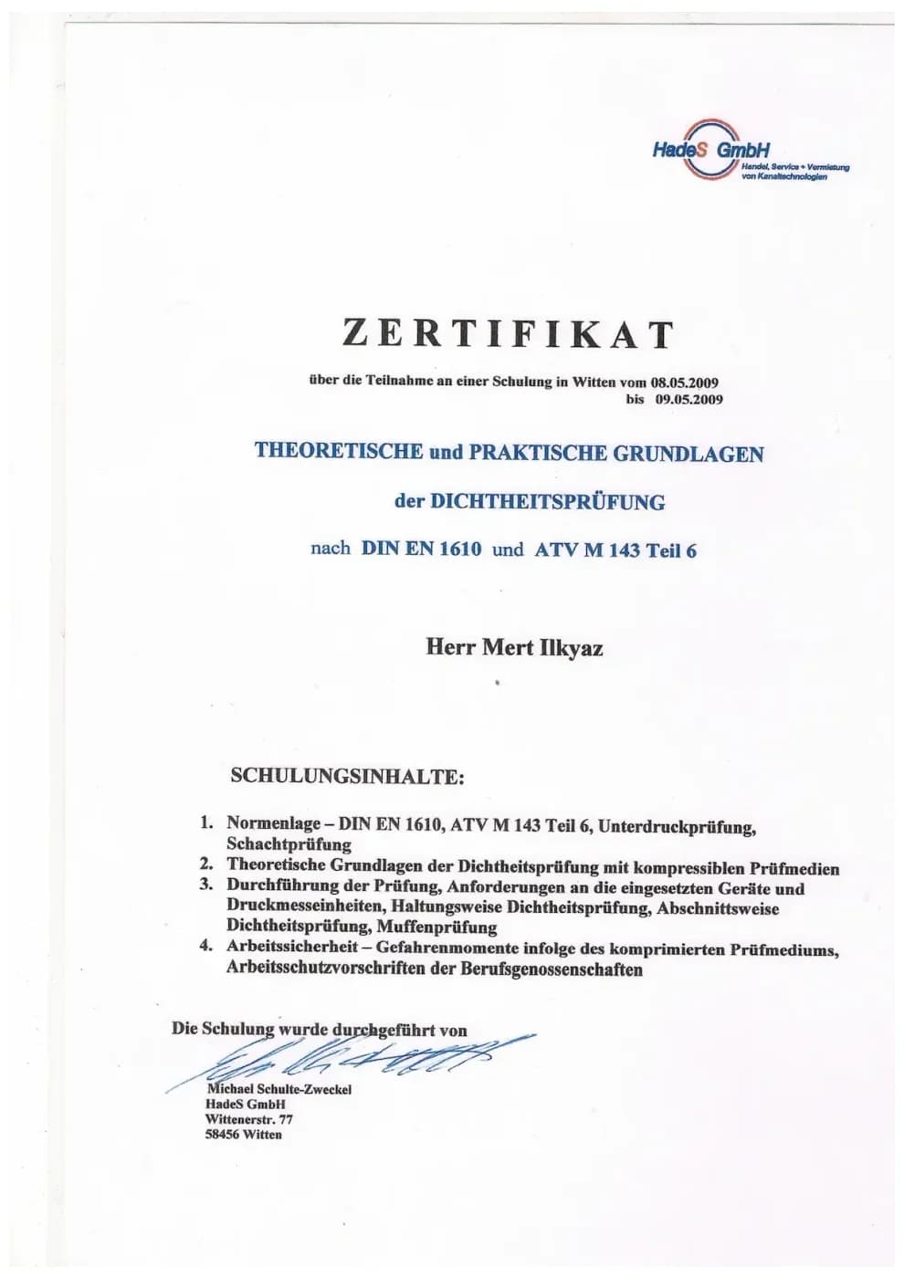 Zertifikat der RKS Rohr und Kanal Technik GmbH (04)