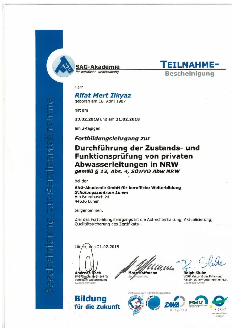Zertifikat der RKS Rohr und Kanal Technik GmbH (08)