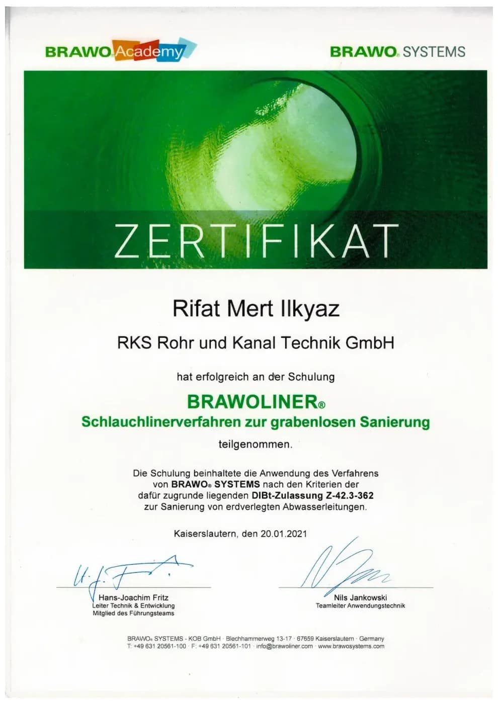 Zertifikat der RKS Rohr und Kanal Technik GmbH (09)