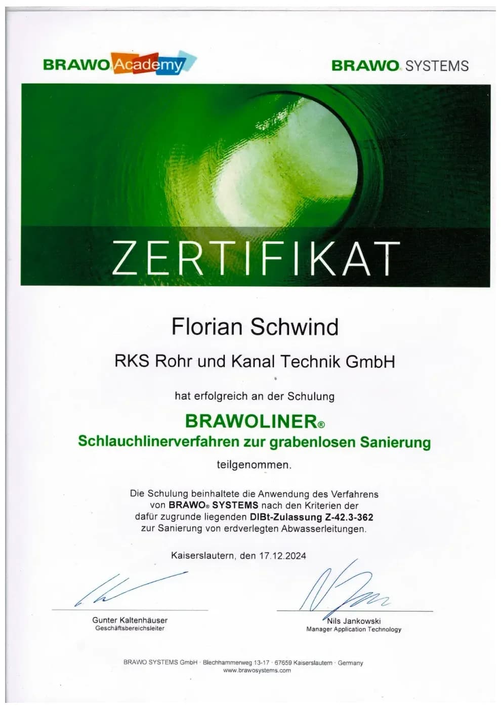 Zertifikat der RKS Rohr und Kanal Technik GmbH (12)