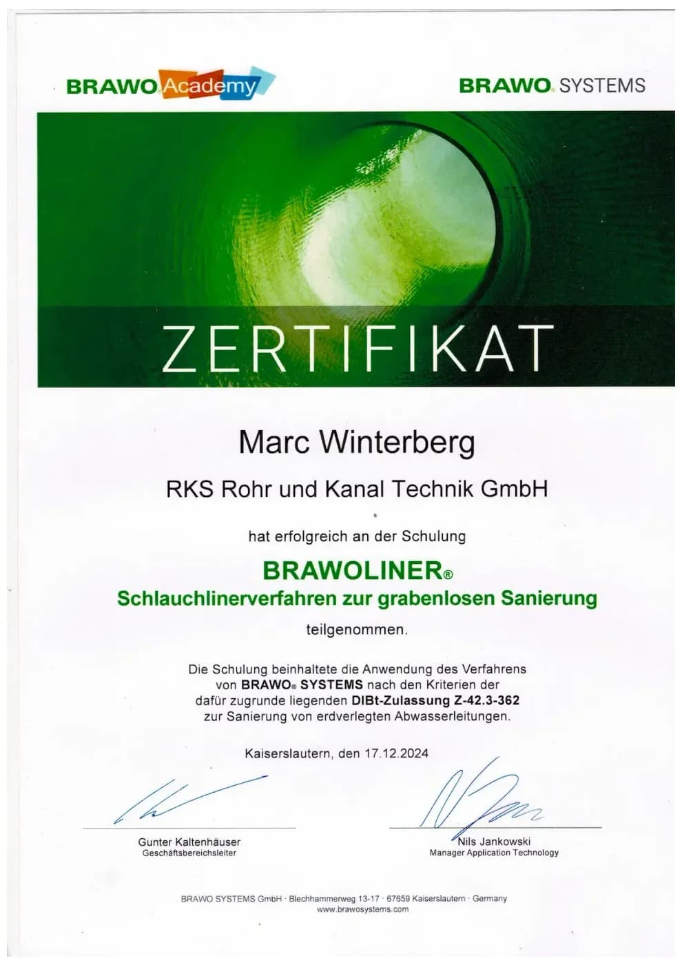 Zertifikat der RKS Rohr und Kanal Technik GmbH (13)