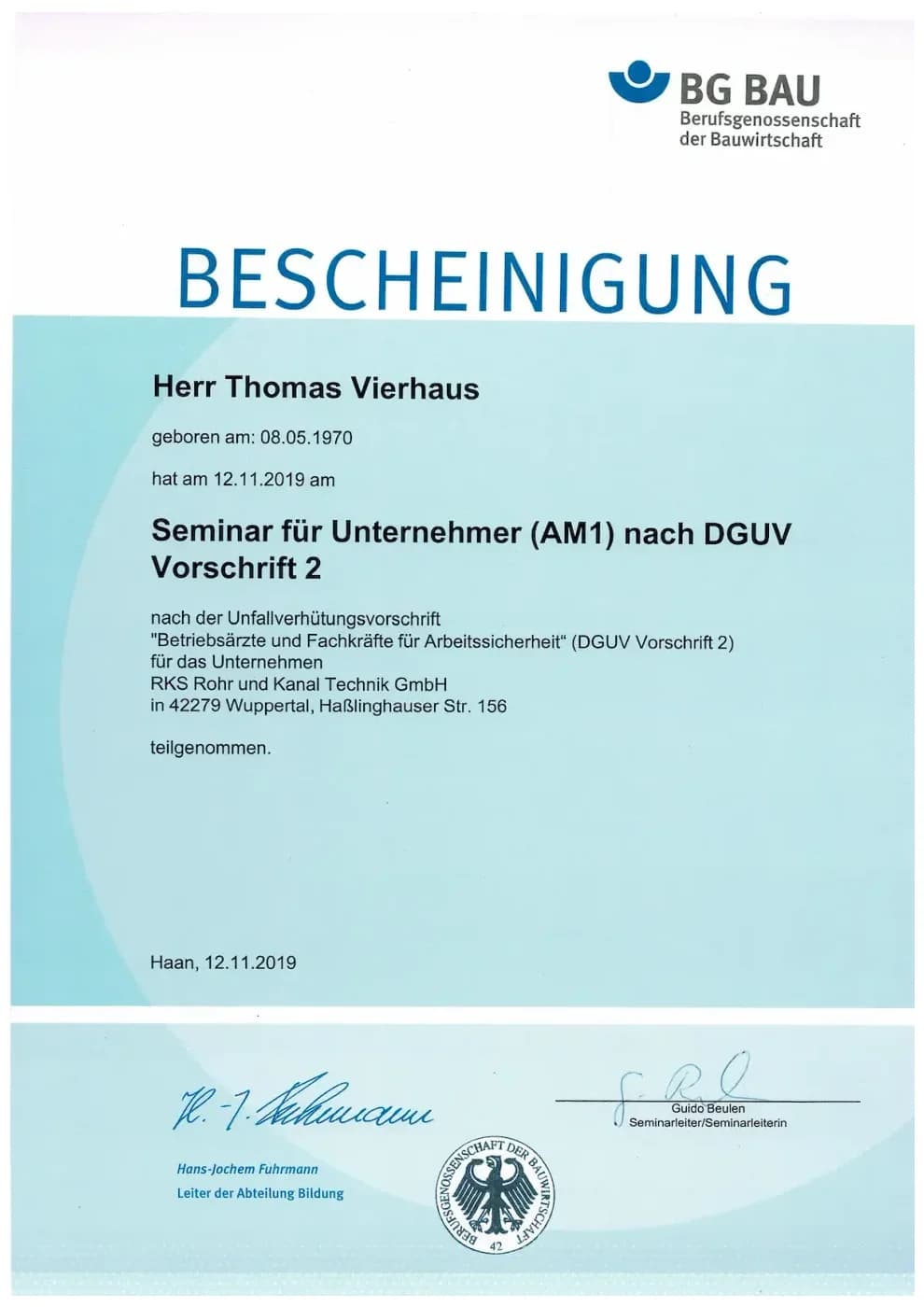 Zertifikat der RKS Rohr und Kanal Technik GmbH (17)