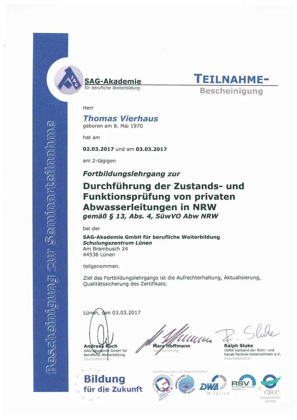 Zertifikat der RKS Rohr und Kanal Technik GmbH (20)
