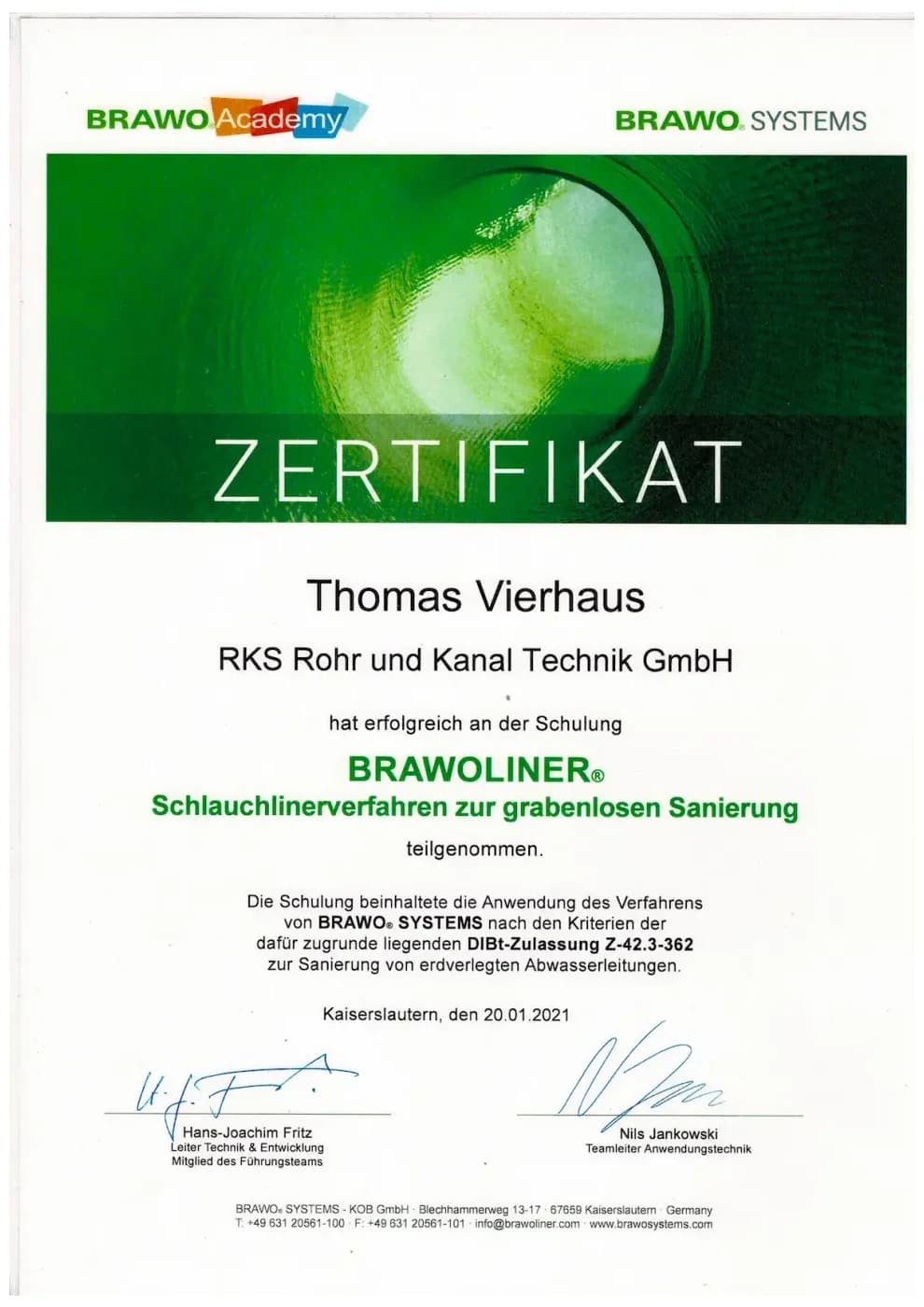 Zertifikat der RKS Rohr und Kanal Technik GmbH (23)